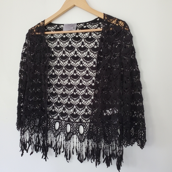 NWOT Sz XS Black Open Crochet Knit Open Style Cardigan Fringe 3/4 Sleeve BOHO - Picture 8 of 15